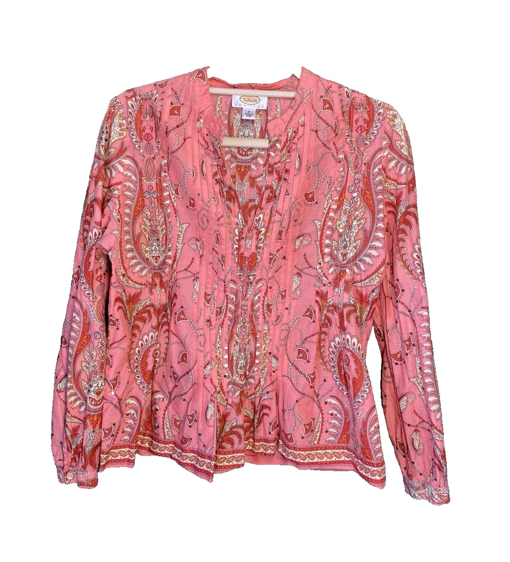 Talbots Blouse Womens Small PETITE Vintage 90s Long Sleeve Pink Paisley Shirt